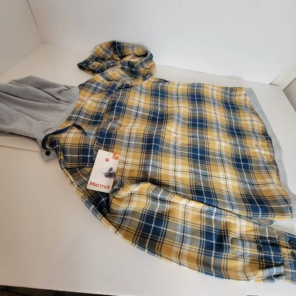 Marmot Women's Reagan Flannel L/S Plaid Hoodie Size M Grey Navy Tan NWT - Picture 11 of 12